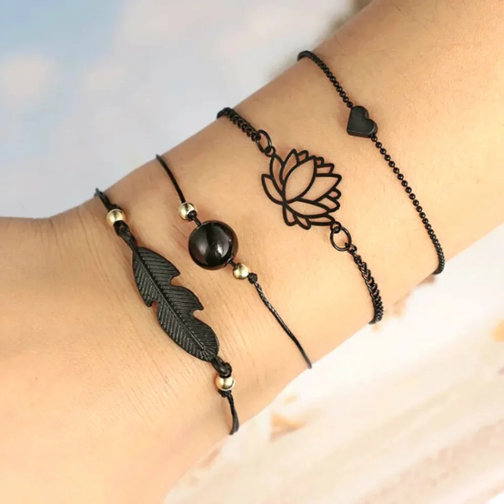 4pc Black & Gold Charm Layering Bracelets Feather Lotus Flower Heart Bead - Picture 2 of 13